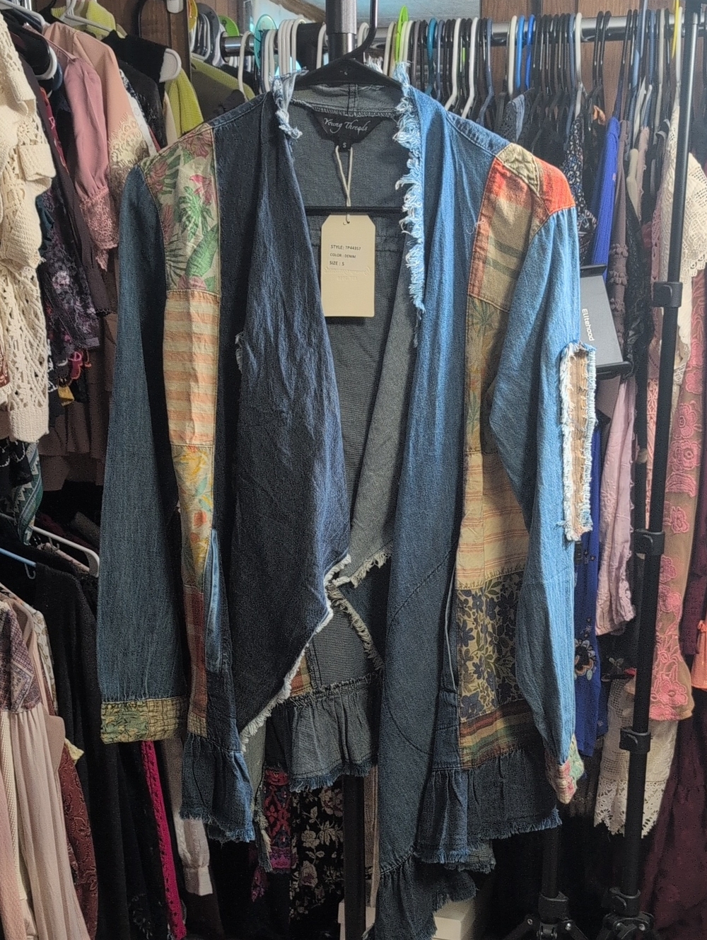 Young Threads Blue Denim Patchwork Open Waterfall Cardigan NWT